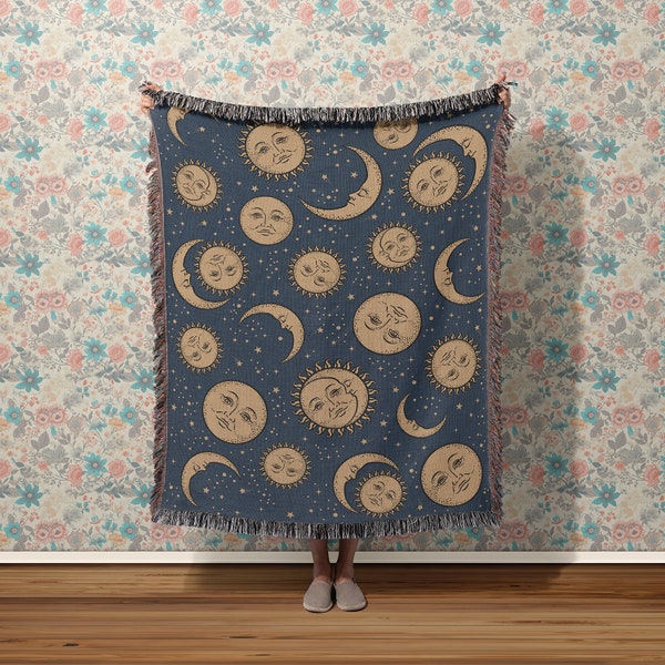 Retro Celestial Cotton Woven Throw Blanket, Witchy 90's Throwback Sun and Moon Blanket,  Boho Star Astrology Woven Tapestry Wall Hanging