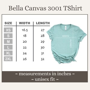 May include: Size chart for a Bella Canvas 3001 T-shirt, showing measurements in inches for XS, S, M, L, XL, and 2XL sizes. The chart shows the width and length of each size.