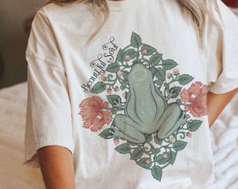Beautiful Soul Frog Shirt, Art Nouveau Art Deco Clothing, Retro Oversized Shirt, Boho Hippie Shirt, Cottagecore Botanical Comfort Colors Tee