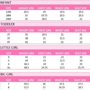 May include: A chart showing size measurements for infant, toddler, little girl, and big girl clothing. The chart lists sizes, height, chest, waist, and seat measurements in inches.