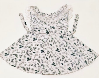 Plants and nature printed cotton dress for girl, green eucalyptus dress, lace collar, summer sundress, nature themed dress