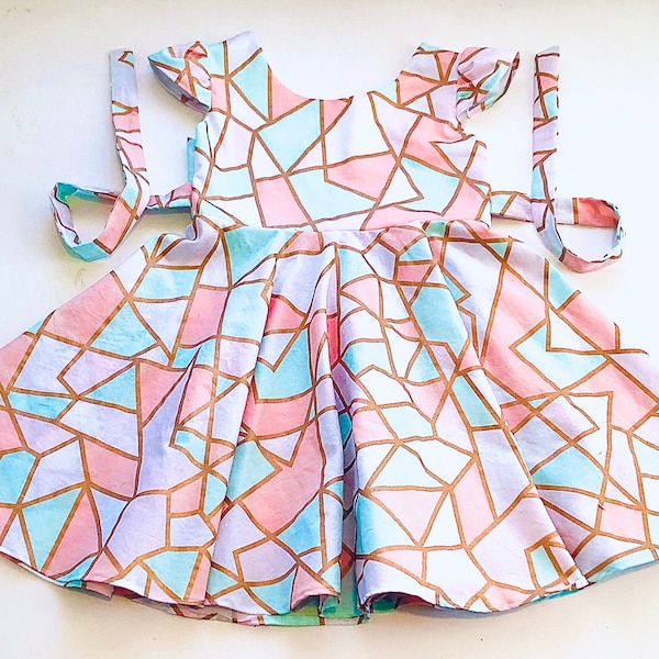 Spring dress for girls, geometric print dress, rose gold dress, Easter dress, spring pictures dress, pastel dress, baby spring dress