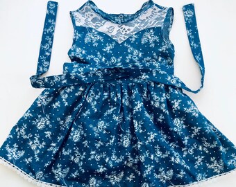 blue cotton denim dress, girl spring dress, autumn dress, blue floral dress, girl country dress, school pictures dress, toddler casual dress