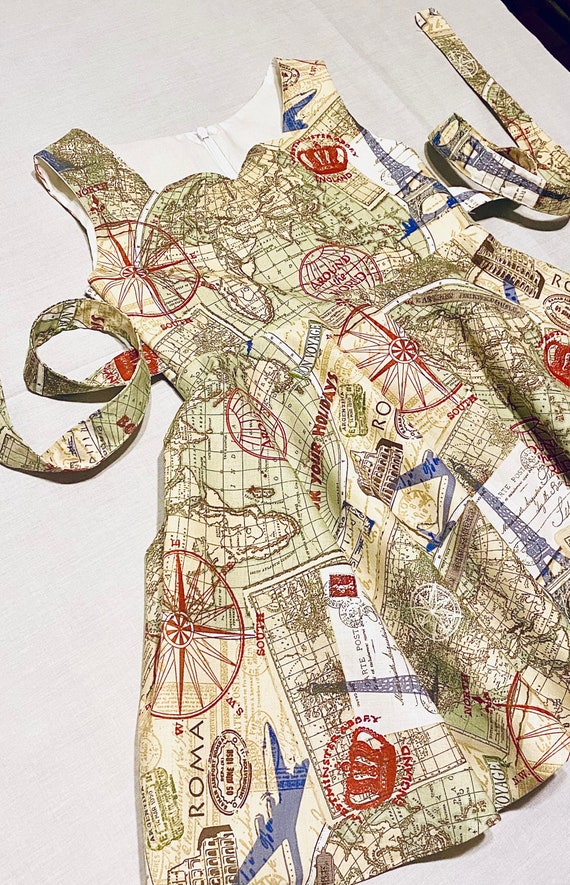 Girls travel dress, around the world, map dress, globe dress, vacation dress, bon voyage dress, birthday dress, gift for her, handmade dress