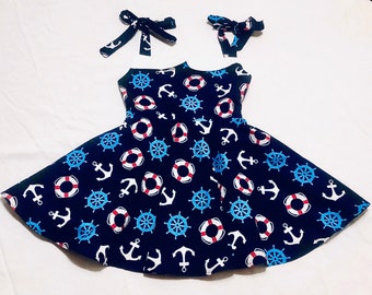 Girls summer dress, girls sundress, nautical dress, anchor dress, summer vacation dress, girls beach dress, toddler sundress, navy dress