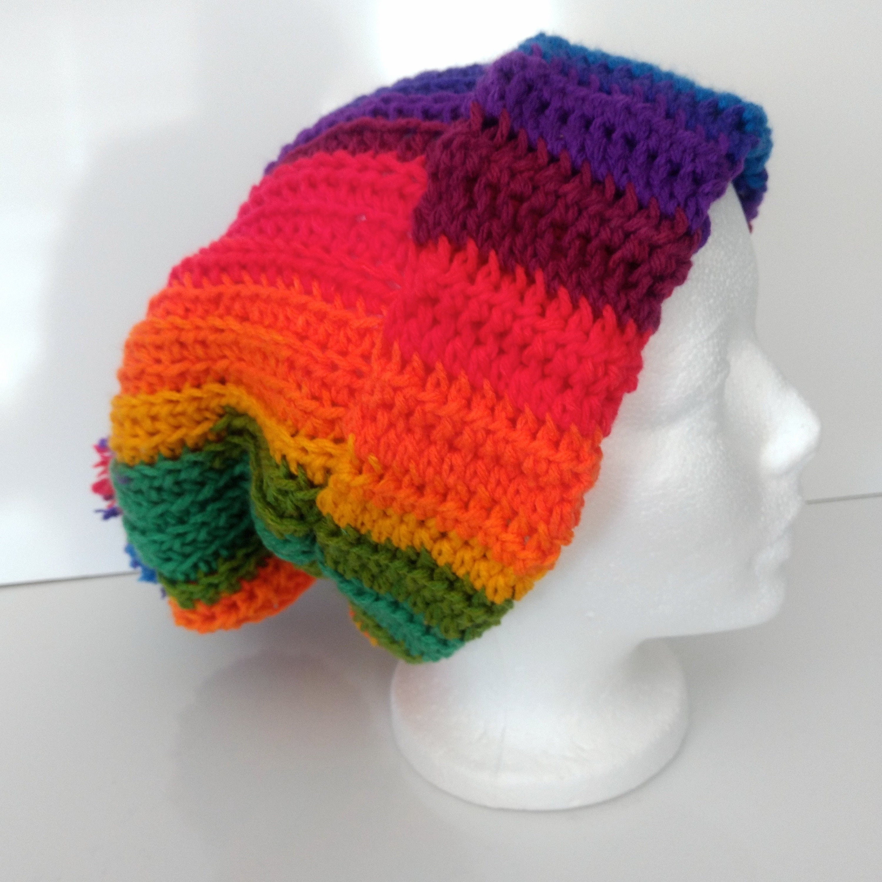 Crocheted toboggan hat beanie rainbow handmade Etsy