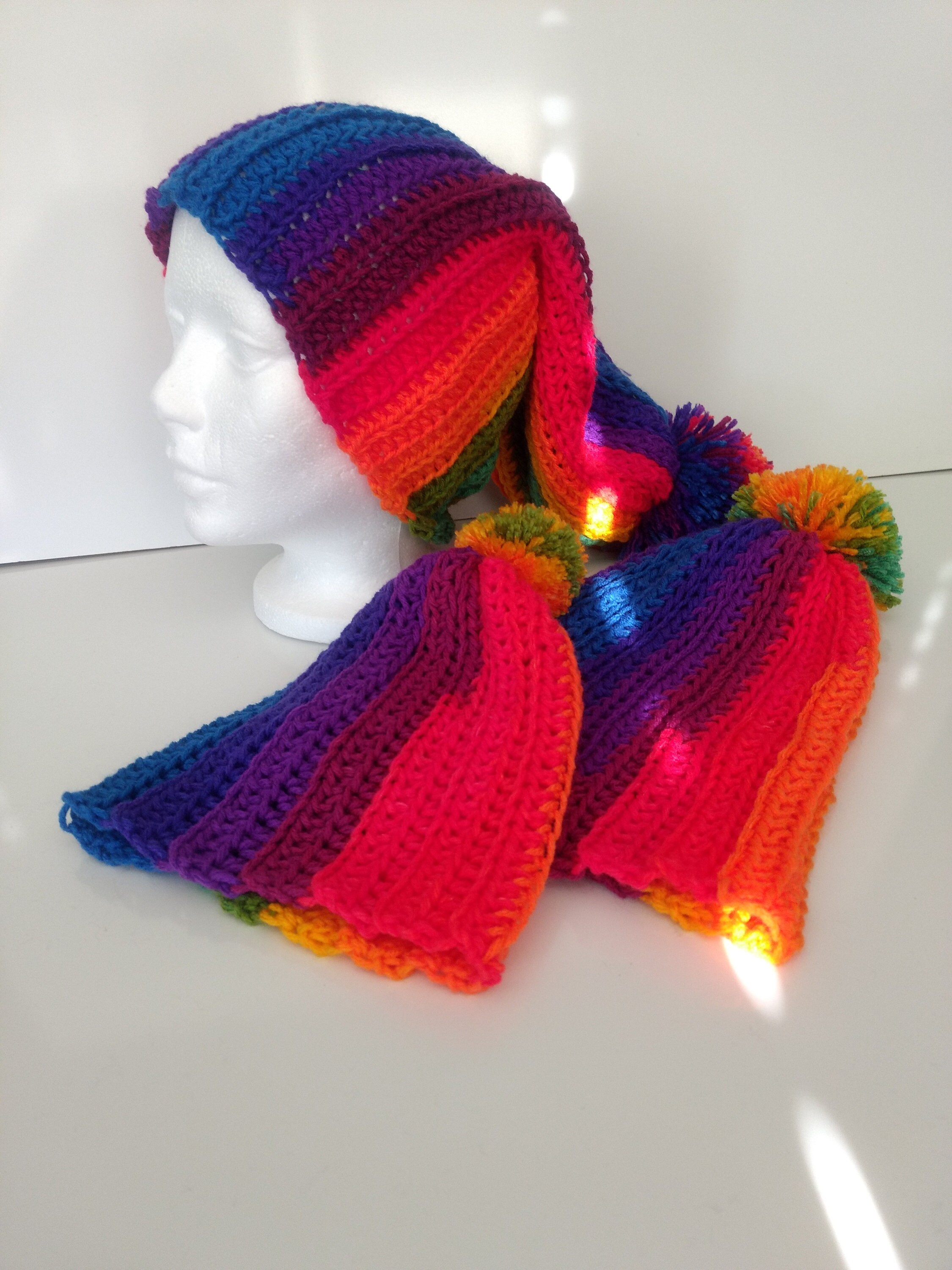 Crocheted toboggan hat beanie rainbow handmade Etsy