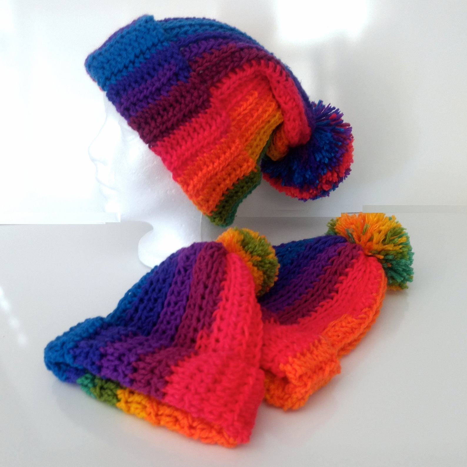 Crocheted toboggan hat beanie rainbow handmade Etsy
