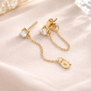 CZ Chain Earrings. CZ Stud Earrings. Gold Stud Chain Earrings. Threaders. Gold Chain Loop Earrings. Ear Huggies Gold. Minimal Earrings.