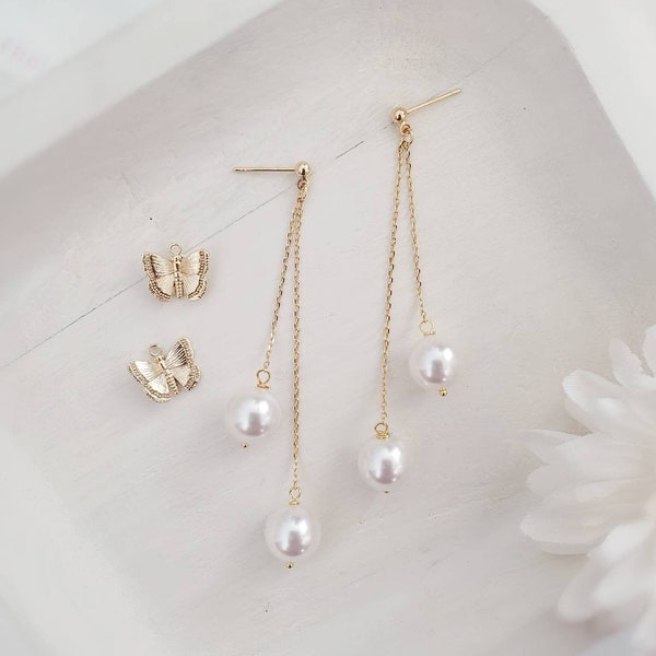 Long Double Pearl Drop Earrings. Pearl Threaders. Pearl Chain Earrings. Bridal Earring. Wedding Jewelry. Bridesmaid Gift Set of 6. Wife Gift