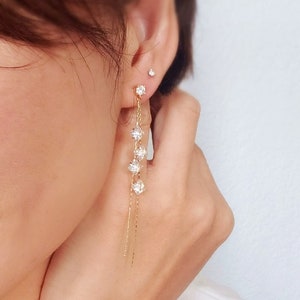 CZ Long Drop  Earrings. Threader earrings. Gold Chain Earrings.  Dangle Earrings. Bridal Earrings. Crystal Rhinestones Drop Earrings. Stud