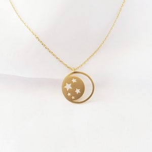 Moon and Star Necklace. Crescent Moon Necklace. Star Necklace. Celestial Jewelry. Gold Disc Pendant. Christmas Gift for Teen Girl. Under 20