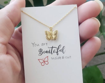 You are Beautiful. Dainty Butterfly Charm Necklace. Meaningful Jewelry Gift for Her. Daughter's Birthday Gift. Flower's Girl Gift. Sweet 16.