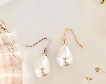 Teardrop Pearl Earrings | Large Pearl Drop Dangle | Everyday Gold Earrings | Classic Pearl Jewelry | Gift for Her | Christmas Gift for Mom