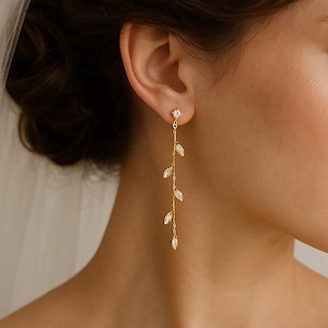 Leaf Earrings | CZ Long Crystal Earrings | Bridal Drop Earrings | Gold Threader Chain Earring | Wedding Jewelry | Bridesmaid Gift Set of Six