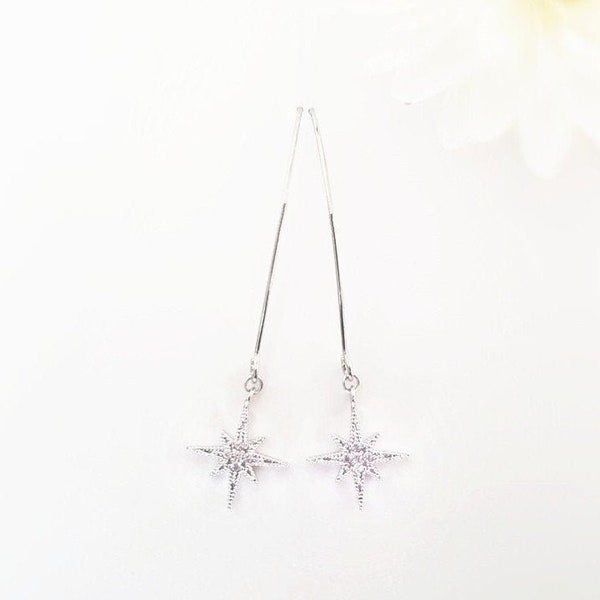 North Star Earrings. Starburst Earrings Silver. Long Dangle Star Drops. CZ Diamond Sparkling  Drop Earrings. Celestial Jewelry. Wife Gift.