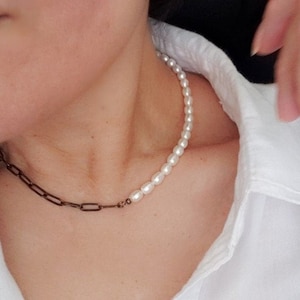 Half Pearl Choker, Chunky Chain Layering Necklace, Pearl Mixed bead Necklace, Paper Clip Link Chain, Black Necklace for Men, Fashion Jewelry