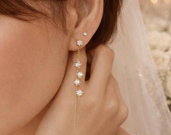 CZ Long Drop  Earrings. Threader earrings. Gold Chain Earrings.  Dangle Earrings. Bridal Earrings. Crystal Rhinestones Drop Earrings. Stud