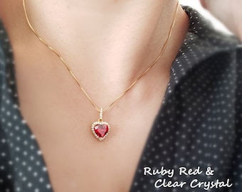 Sparkling Heart Red Ruby Pendant Necklace Women Wedding Engagement Love Jewelry 