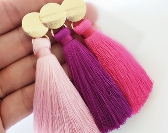 Long Tassel Earrings in Hot Pink,Purple, Fringy Statement Earring Jewelry, Vibrant Color Bohemian Jewelry, Handmade Gift for Earrings lover