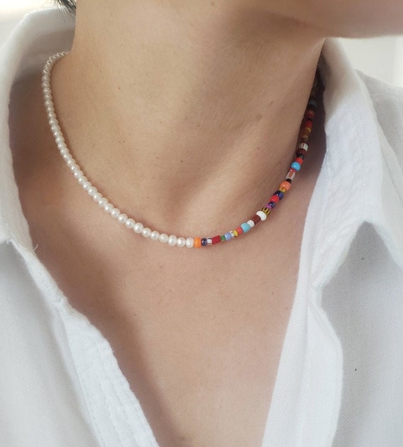Multicolor Beaded Choker. Mixed Pearl Bead Necklace. Half Pearl and Mix  Color Beads Necklace. Beach Beachy Jewelry. Layering. Trendy Summer - Etsy  | Sieraden, Sieraden maken tutorials, Sieraden maken
