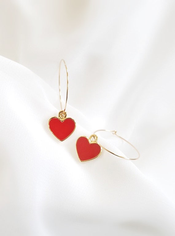 Red Heart Earrings. Valentines Earrings. Love Earrings. Gold Hoops