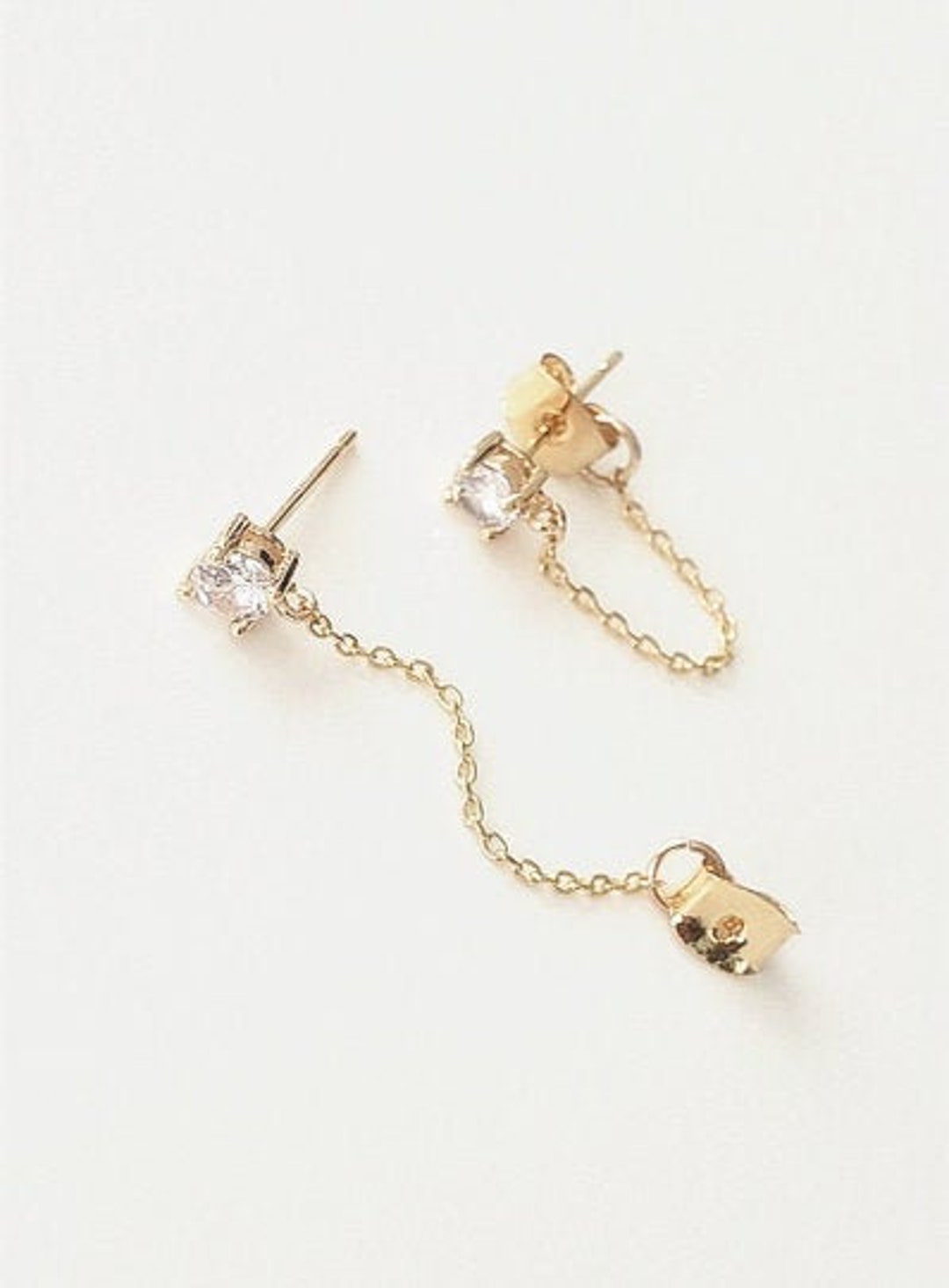 CZ Chain Earrings. CZ Stud Earrings. Gold Stud Chain Earrings. - Etsy