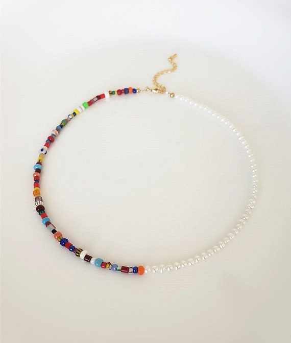 Multicolor Beaded Choker. Mixed Pearl Bead Necklace. Half Pearl and Mix  Color Beads Necklace. Beach Beachy Jewelry. Layering. Trendy Summer 