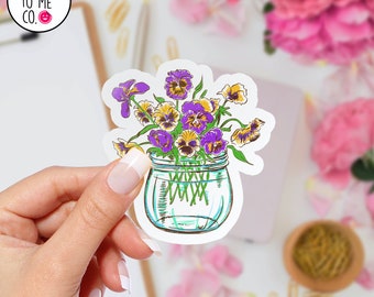Vinyl Sticker Waterproof Decal Pansies in Mason Jar Vinyl Sticker Waterproof Decal Pansies in Mason Jar