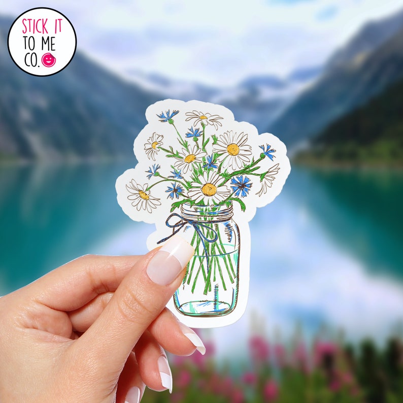 Daisy Mason Jar Flowers Vinyl Sticker Watercolor Floral Vinyl Etsy