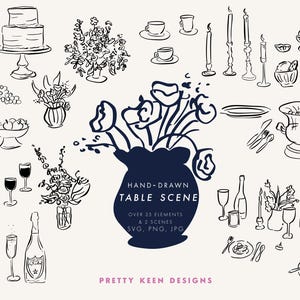 Op de afbeelding: Handgetekende illustratie van een tafereel met meer dan 25 elementen, waaronder een taart, bloemen, wijnglazen, champagne, kaarsen en servies. Het ontwerp is in zwart en wit, met een marineblauwe vaas met bloemen. De tekst luidt "HAND-DRAWN TABLE SCENE".