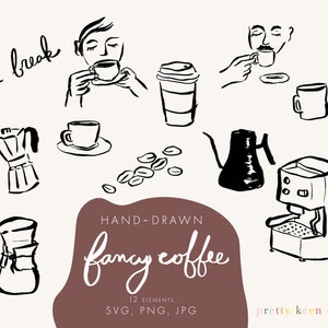 Conjunto de ilustrações desenhadas à mão de café | Desenhos de cappuccino de cafeteira italiana | Pacote de clipart de esboço de rabisco de café SVG PNG