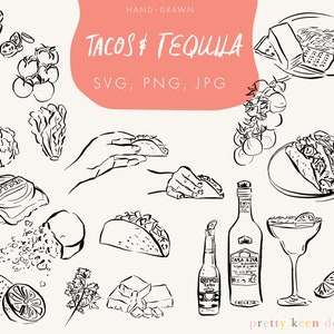 Tacos y tequila en formatos PNG, SVG y JPG / Ilustraciones de fiestas dibujadas a mano en blanco y negro