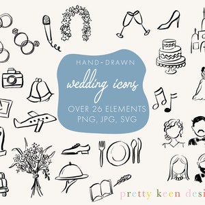 Illustrations d'icônes de mariage fantaisistes dessinées à la main SVG | Clipart chronologie de mariage stylo pinceau | Couple de mariage noir et blanc JPG
