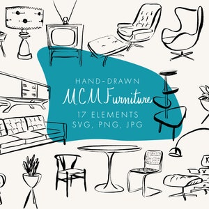 Mid-Century Modern Furniture Clipart: Hand-Drawn Vector Art (Digital Download)