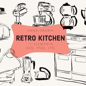 Kultige Retro Küchen Illustrationen | Mid Century Küche und Reinigung Clipart | Vektor MCM Möbel