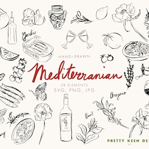 Ilustração Mediterrânea Clipart | Clipart Italiano Caprichoso Desenhado à Mão | Alimentos e Elementos Decorativos | PNG, JPG, SVG