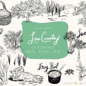 Ilustrações costeiras: conjunto de clipart de Low Country nos formatos PNG, SVG e JPG | Caneta pincel desenhada à mão, preto e branco