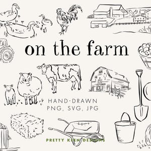 May include: Black and white hand-drawn illustrations of farm elements, including ducks, a rooster, a tractor, a cow, a sheep, a barn, and the text "on the farm". Also includes a wheelbarrow, bucket, and hay bale.