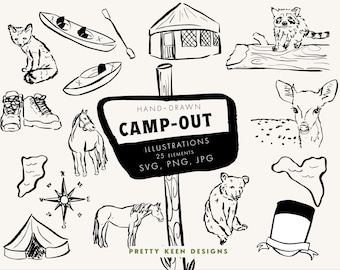 Hand-Drawn Camp Badge Icons | Illustrated Camping Animals Clip Art Set: Camp Scene | National Park Camp Sign (PNG, SVG, JPG)