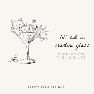 Handgetekende grillige kat in martiniglas | Bruiloft pictogrammen illustraties SVG | Brush Pen Art | Kitty in glas | Kitty Happy Hour