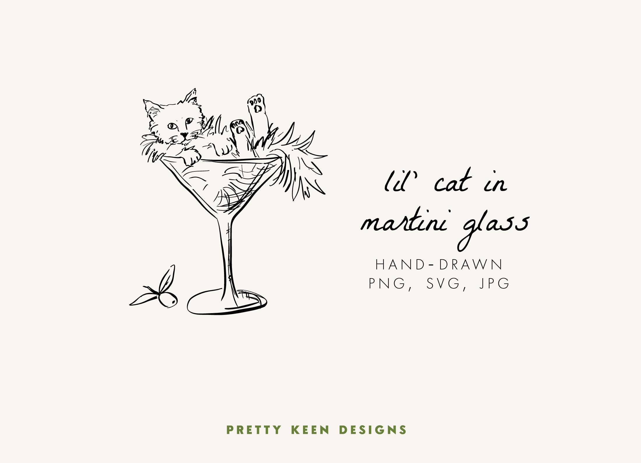 Whimsical Cat Martini Glass Illustration: Wedding Icons SVG, PNG, JPG (Digital Download)