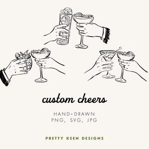 Custom Hand-Drawn Cheers Illustration | One Whimsical Cheers Icon with two drinks for Weddings, Party Invitations, Personal Line Icons