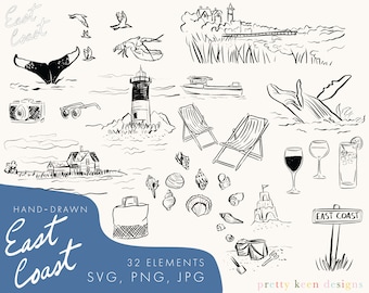 Coastal Charm Collection: East Coast Vacation Clipart Set in PNG, SVG, and JPG Formats | Hand-Drawn Brush Pen Black and White