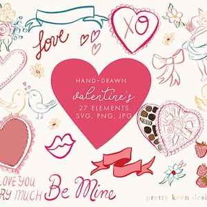 Handgezeichnetes Brush Pen Valentinstag Clip Art Set | Vintage-inspirierte Love Pink Grafiken in den Formaten PNG, SVG und JPG