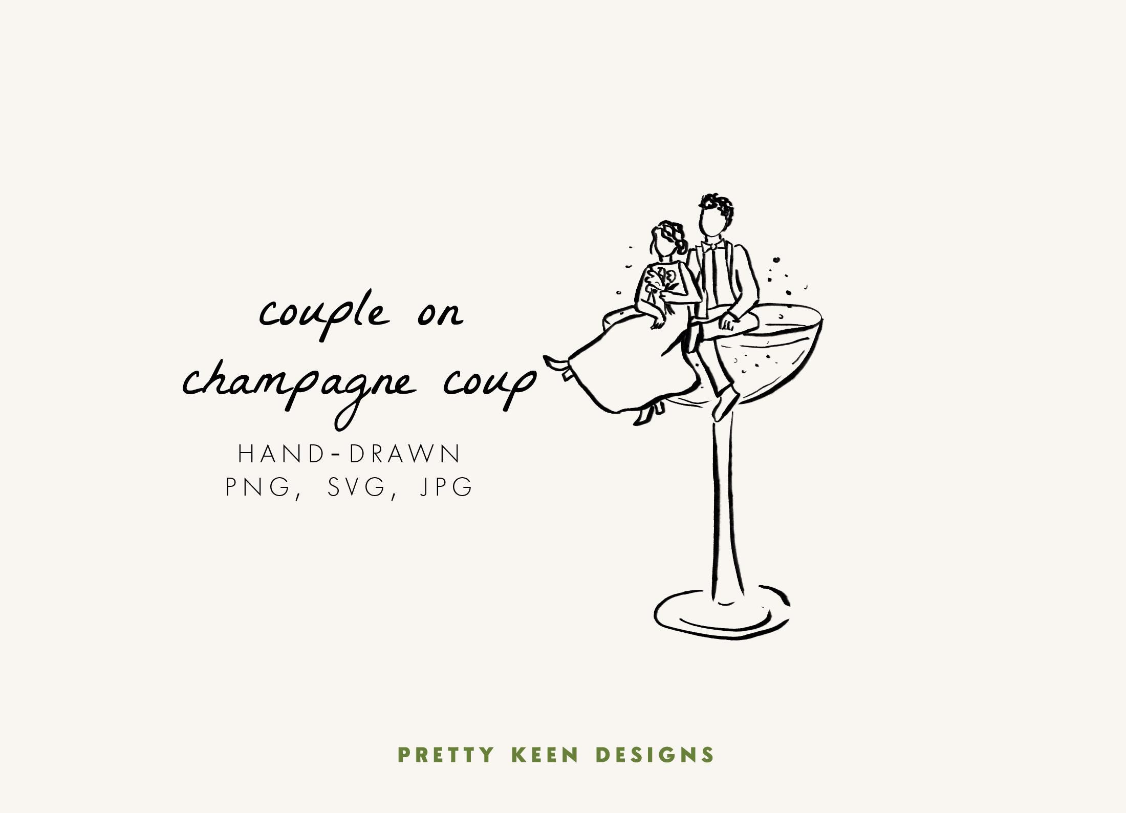 Hand-Drawn Wedding Couple Illustration: Champagne Coup SVG JPG (Digital Download)