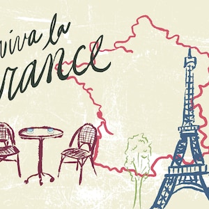 May include: A hand-drawn illustration of a cafe table and chairs with a red outline, a stylized map of France with a red outline, and the Eiffel Tower in blue with a white outline. The text "viva la France" is written in black cursive.