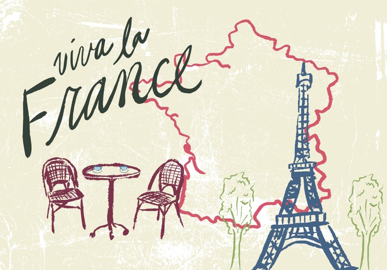 May include: A hand-drawn illustration of a cafe table and chairs with a red outline, a stylized map of France with a red outline, and the Eiffel Tower in blue with a white outline. The text "viva la France" is written in black cursive.