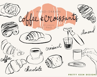Può includere: Illustrazioni di caffè e croissant disegnate a mano in bianco e nero. Le illustrazioni includono una tazza di caffè, una macchina per il caffè, un croissant e una varietà di croissant con diversi ripieni, tra cui mandorle e cioccolato.
