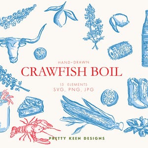 May include: Hand-drawn illustrations of crawfish boil elements in blue and red.  The illustrations include crawfish, corn on the cob, lemons, a bottle of Louisiana hot sauce, boots, and a longhorn steer head.